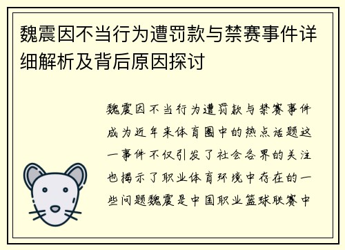 魏震因不当行为遭罚款与禁赛事件详细解析及背后原因探讨 魏震因不当行为遭罚款与禁赛事件详细解析及背后原因探讨